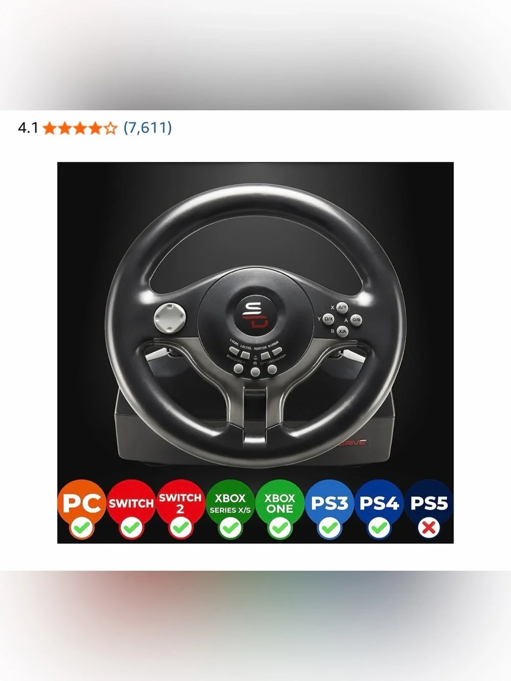 Black Racing Wheel Controller with Pedals